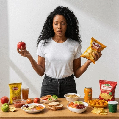 Person thoughtfully choosing between healthy and unhealthy food options, symbolizing emotional eating decisions, clean image