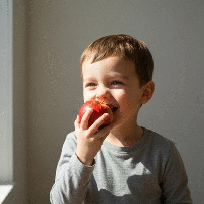 Child happily eating an apple, representing healthy eating habits