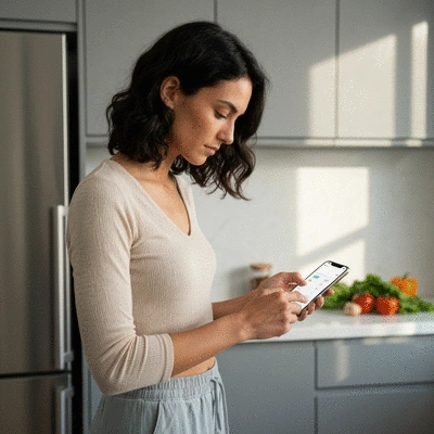Person tracking macronutrients on a smartphone app with a healthy meal in the background