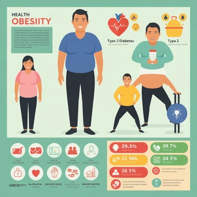 Infographic showing various health risks associated with obesity like heart disease, diabetes, and joint problems, with no text, no words, no typography, clean image