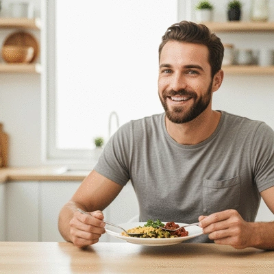 Person enjoying a colorful plant-based meal, emphasizing a healthy and active lifestyle