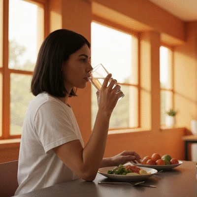 Person drinking water before a healthy meal, clean image, no text, no words, no typography, no labels