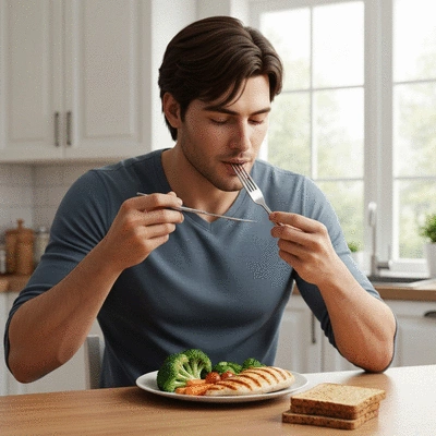 Person enjoying a balanced meal with fresh ingredients, showing healthy eating habits