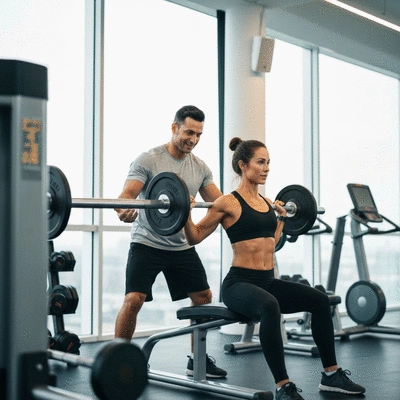 Personal trainer guiding a client through an exercise, focused and supportive