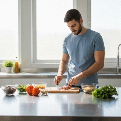 Person preparing a healthy meal with fresh ingredients, showing meal planning and portion control