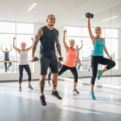 Diverse group of people smiling and exercising together in a bright, modern fitness studio