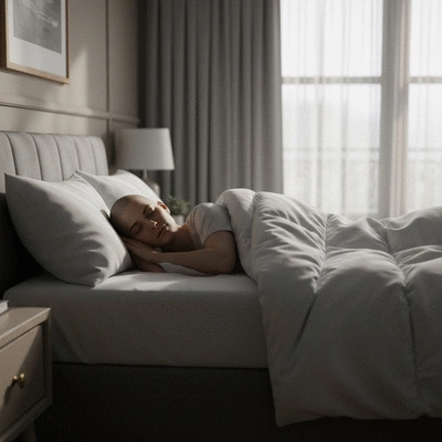 Person sleeping peacefully in a dimly lit, cozy bedroom, demonstrating good sleep hygiene