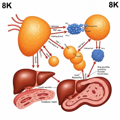 Scientific illustration showing the connection between chronic inflammation and obesity, with fat cells and inflammatory markers