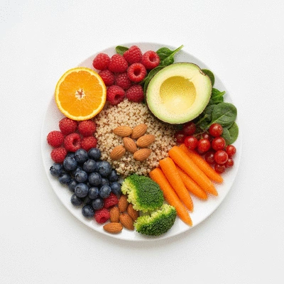 Colorful balanced meal with fruits, vegetables, whole grains, and healthy fats