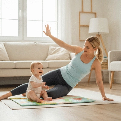 Mother doing postnatal fitness exercises with baby nearby