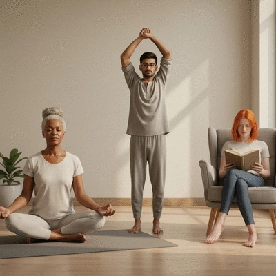 Diverse group of people engaging in personalized wellness activities like meditation, light exercise, and reading, symbolizing tailored approaches to sleep and stress management