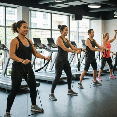 Person using specialized gym equipment in a commercial fitness program, professional guidance, no text, no words, no typography, clean image