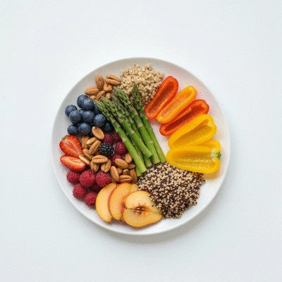 Colorful plate of micronutrient-rich foods like fruits, vegetables, nuts, and whole grains
