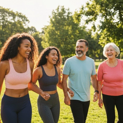 Diverse group of people of varying ages and body types laughing and walking together in an outdoor park, symbolizing community and support