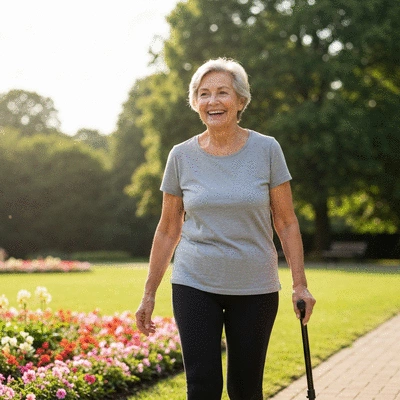 Happy senior woman walking outdoors, smiling
