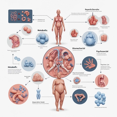 Scientific illustration showing metabolic, biomechanical, and psychosocial factors influencing obesity, with no text, no words, no typography, clean image