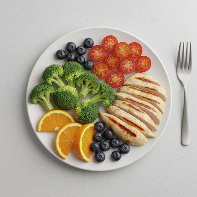 A vibrant plate of healthy food, including fruits, vegetables, and lean protein, representing good nutrition
