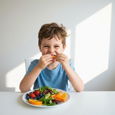Child eating a healthy meal with fresh fruits and vegetables