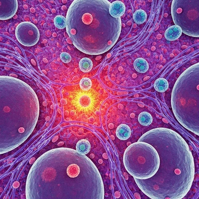 Microscopic view of immune cells interacting with adipose tissue, highlighting inflammation