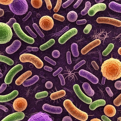 Microscopic view of a healthy gut microbiome with beneficial bacteria
