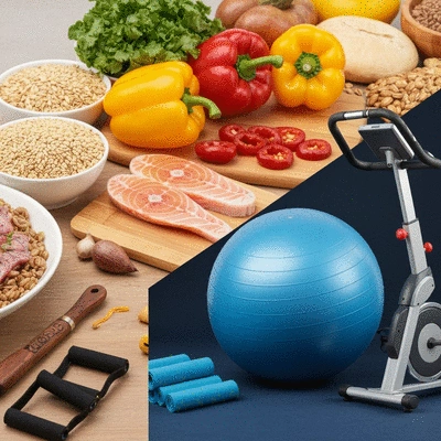 Healthy food choices and exercise equipment, representing sustainable weight management
