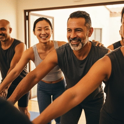 Diverse group of people participating in a group fitness class, smiling and supporting each other
