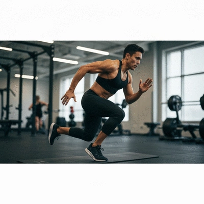 Person performing a high-intensity interval training workout with blurred motion, in a modern gym setting