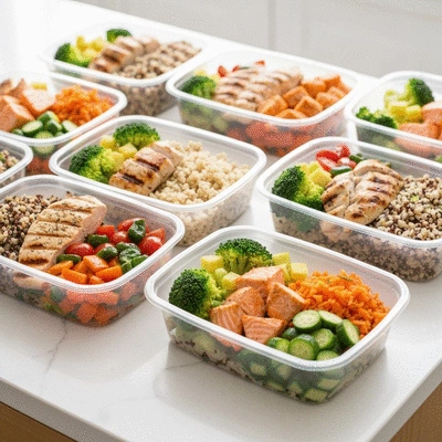 Assortment of healthy meal prep containers with balanced macronutrients