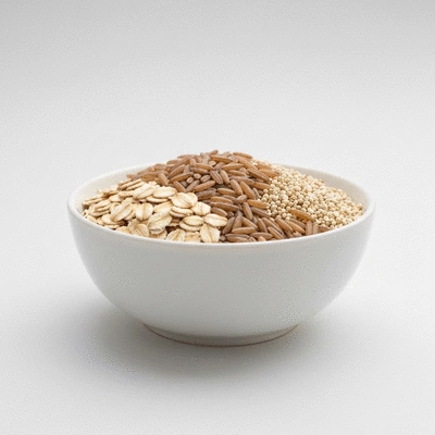 Bowl of mixed whole grains with oats, brown rice, and quinoa, clean background