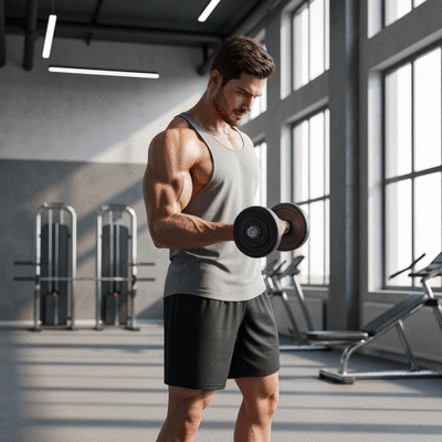 Person performing a bicep curl with a dumbbell in a modern gym setting, focused and determined