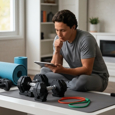 Person evaluating different fitness equipment for home use