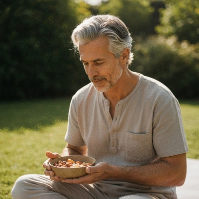 Person practicing mindful eating with a bowl of colorful fruit and nuts, serene and focused