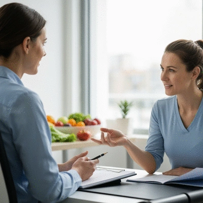 Person consulting with a nutritionist, discussing a personalized diet plan and exercise regimen