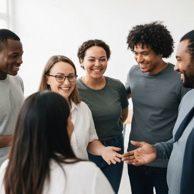Diverse group of people in a supportive community setting, smiling and interacting, symbolizing social support against weight bias, clean image