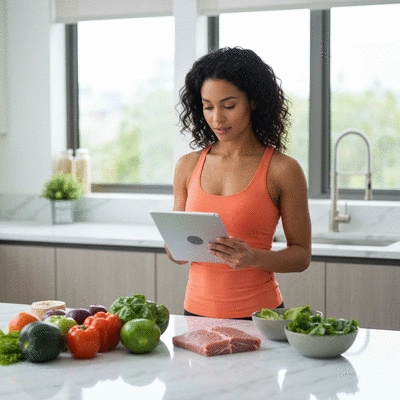 A person looking at a personalized meal plan on a tablet, with fresh ingredients on a kitchen counter
