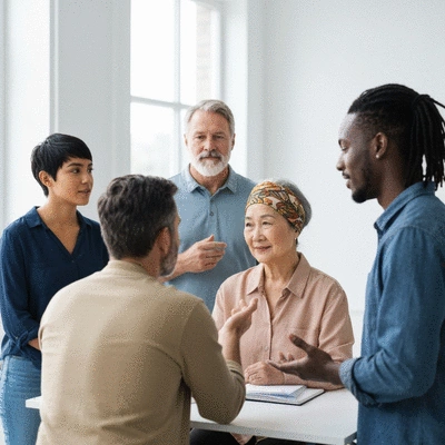 Diverse group of people discussing health, emphasizing empathy and understanding