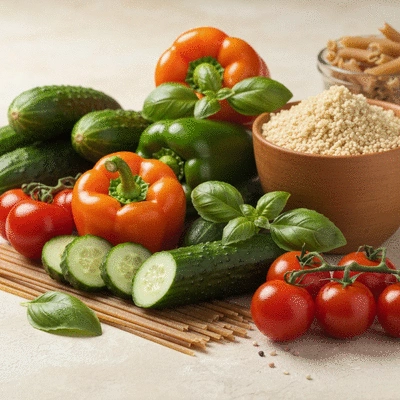 Assortment of fresh Mediterranean diet ingredients like olive oil, fresh vegetables, whole grains, and fish