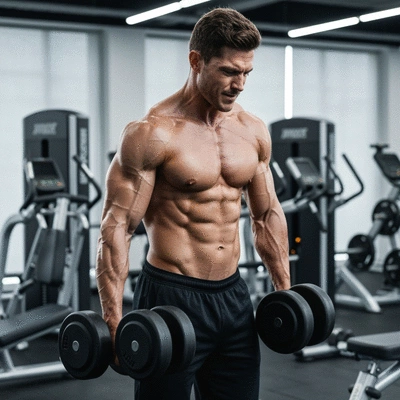 Person lifting weights in a gym, focus on muscle building