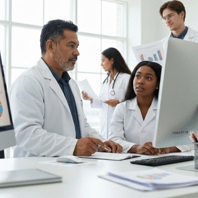 Diverse group of researchers collaborating on obesity prevention data in a modern lab setting