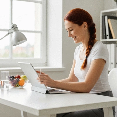 A woman happily tracking her meal plan on a tablet