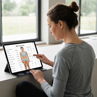 Person using a digital scale and BMI calculator on a tablet, with health metrics displayed