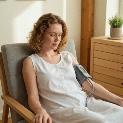Person using a blood pressure monitor at home, emphasizing hypertension management