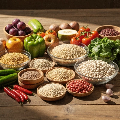 Assortment of fresh plant-based ingredients like fruits, vegetables, grains, and legumes on a wooden table