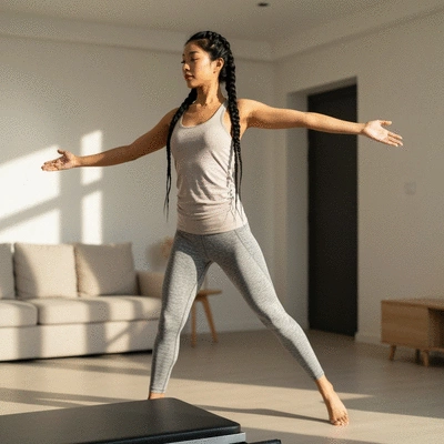 Person doing light exercise, like stretching or yoga, in a bright, clean indoor setting