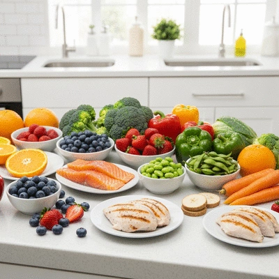A variety of healthy foods like fruits, vegetables, and lean protein laid out on a kitchen counter, emphasizing nutrition