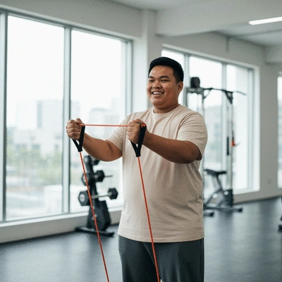 Person performing light exercise with a resistance band, smiling, in a bright gym environment